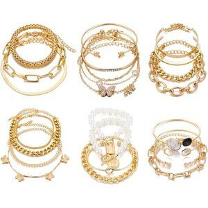 6 PACK (24 PCS) Boho Gold Chain Bracelets Set for Women, 14K Gold plated, Pearls